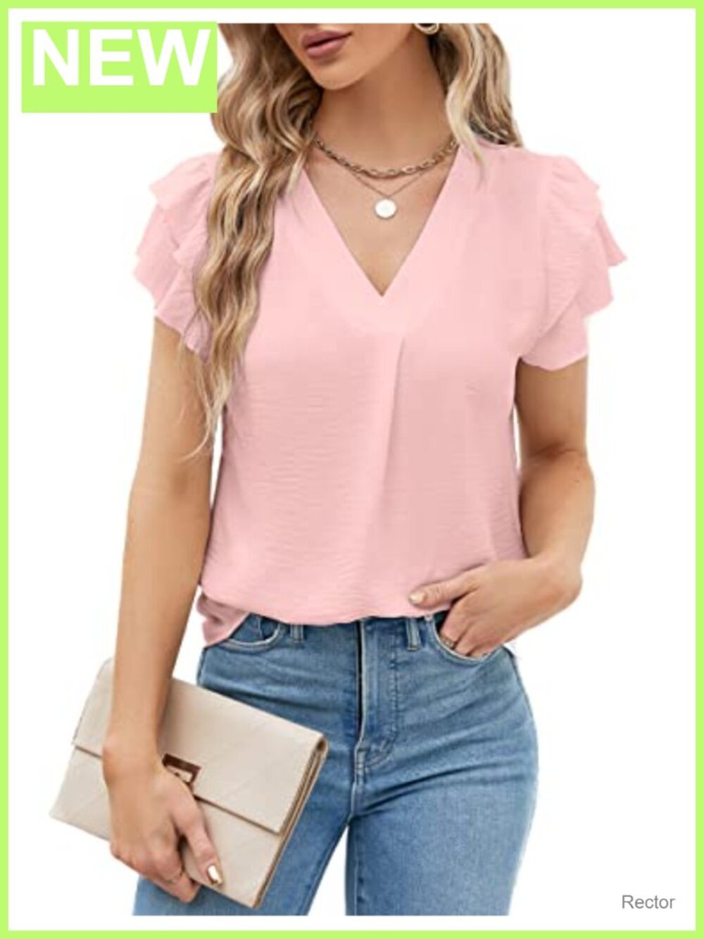 Womens Dressy Casual V Neck Flutter Sleeve Blouse Work Top